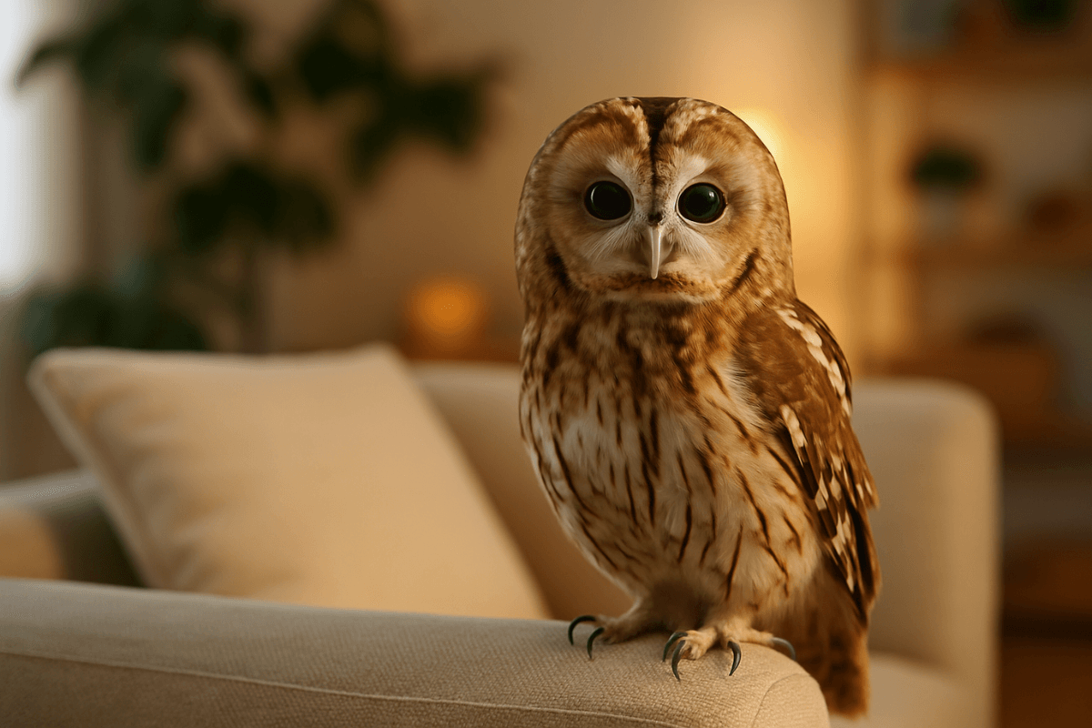 Coruja como pets: Beleza selvagem no sofá da sala.