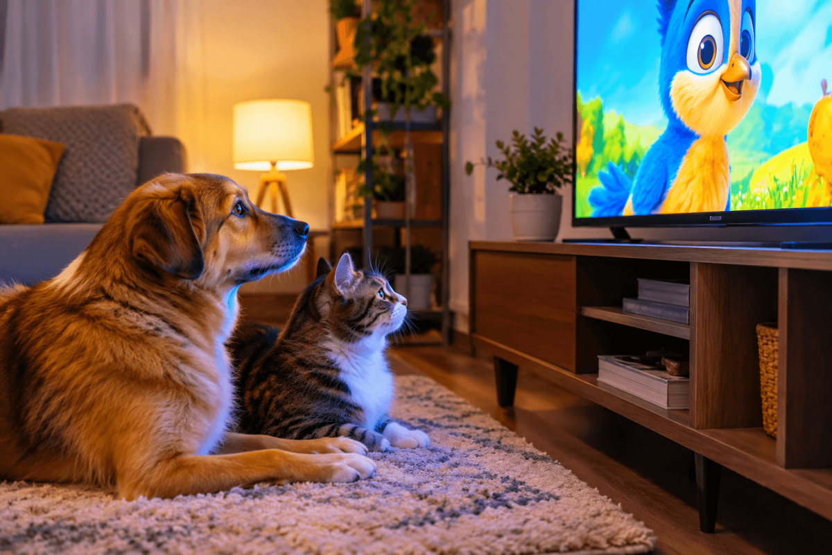 Cão e gato assistem à TV juntos