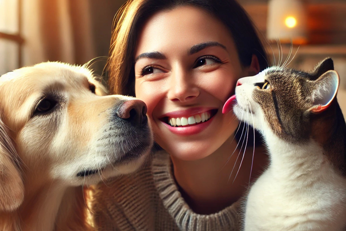 Cachorros e gatos lambem seus donos
